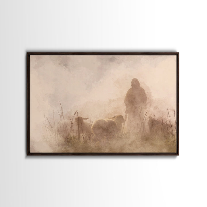 Shepherd In The Mist – Framed Canvas Print – Christian Art Canvas – Christian Wall Art – Jesus Painting – Moody Christian Art – Christian G