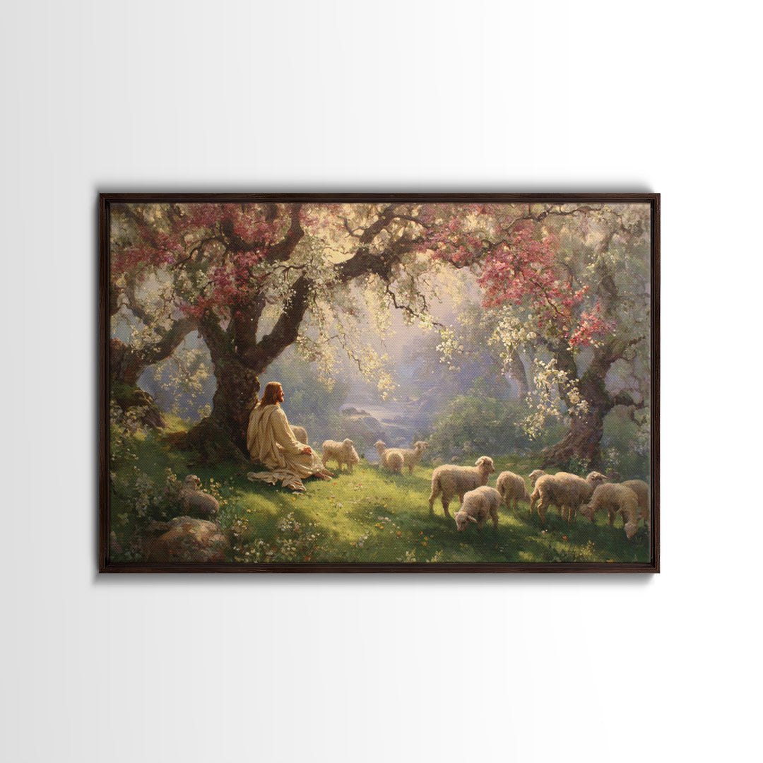 Pastoral Dawn Peace – Framed Canvas Print – Jesus Painting – Christian Wall Art – Christian Art Canvas – Christian Christmas Art – Christia