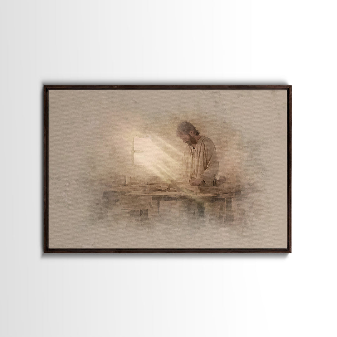 Carpenter’s Light – Framed Canvas Print – Christian Wall Art – Jesus Painting – Christian Art Canvas – Minimalist Christian Art – Christian