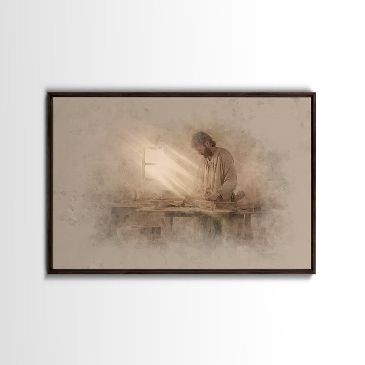 Carpenter’s Light – Framed Canvas Print – Christian Wall Art – Jesus Painting – Christian Art Canvas – Minimalist Christian Art – Christian