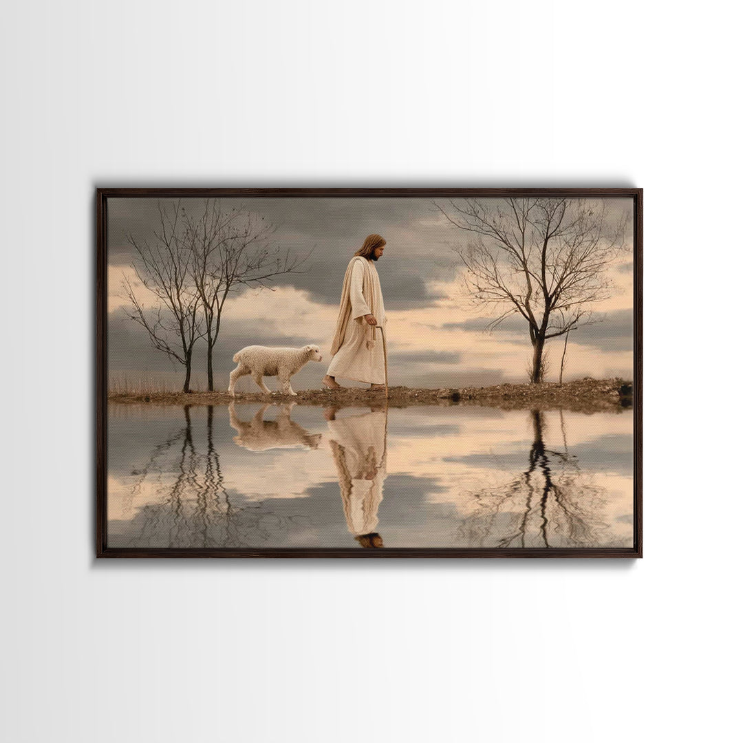 Shepherd’s Quiet Walk, Framed Canvas Print, Christian Wall Art, Jesus Painting, Christian Art Canvas, Christian Christmas Art, Christian De
