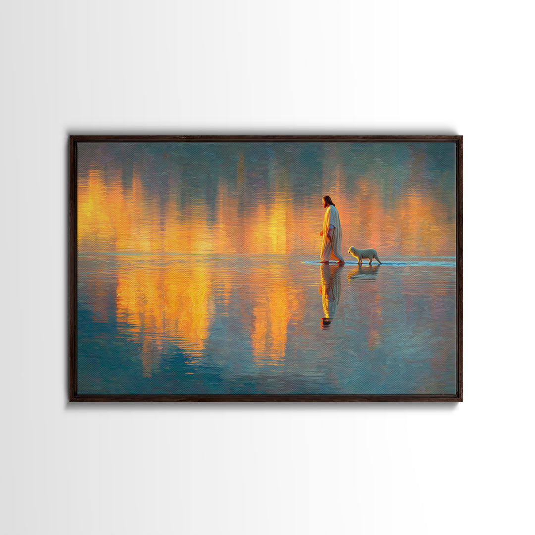 Golden Dawn Reflections | Framed Canvas Print | Christian Wall Art | Jesus Painting | Christian Art Canvas | Modern Christian Art | Christi