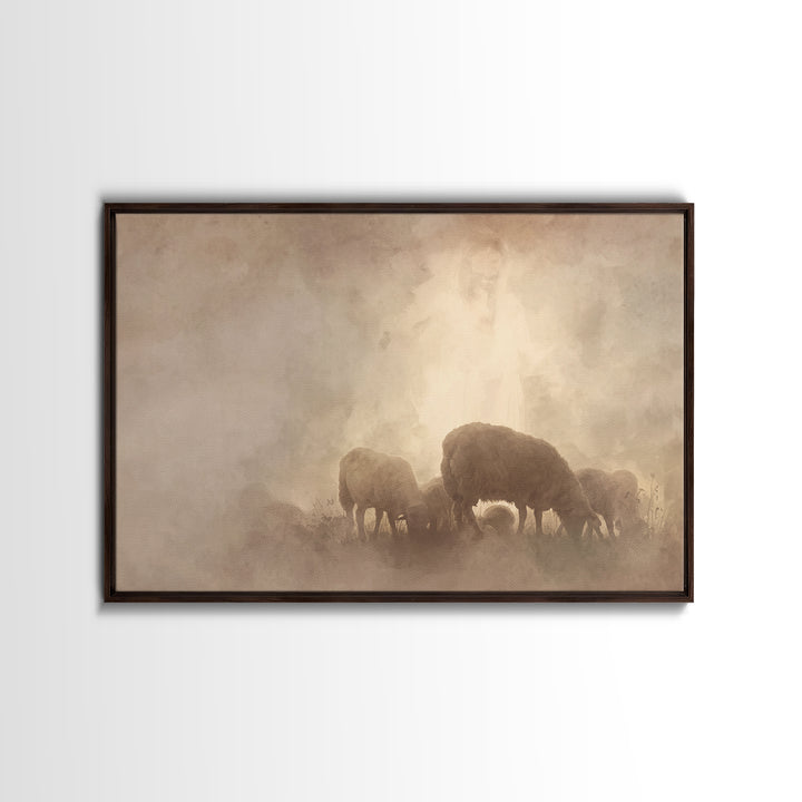 Heavenly Pasture Light, Framed Canvas Print, Christian Wall Art, Christian Art Canvas, Jesus Painting, Subtle Christian Art, Christian Gift