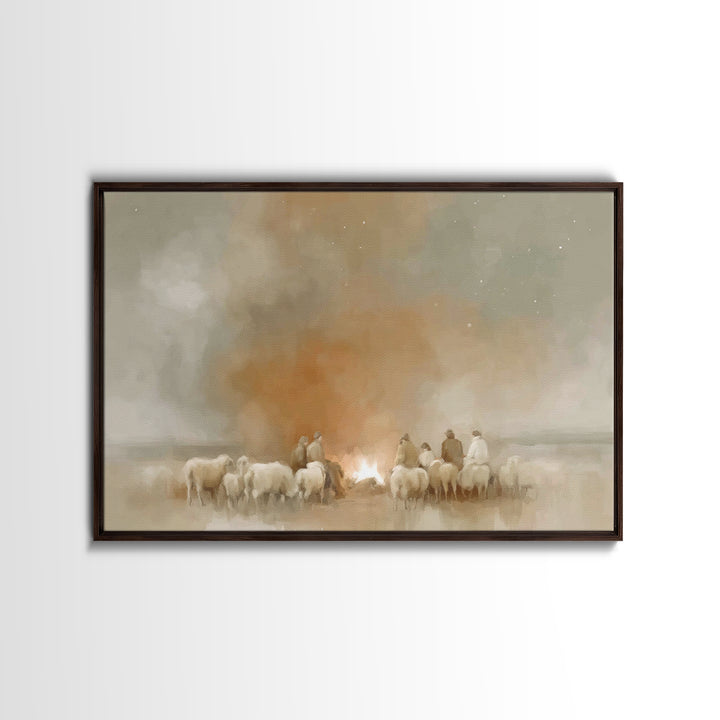 Fireside Shepherd Night | Framed Canvas Print | Christian Wall Art | Christian Art Canvas | Christmas Art | Christian Christmas Decor | Chr