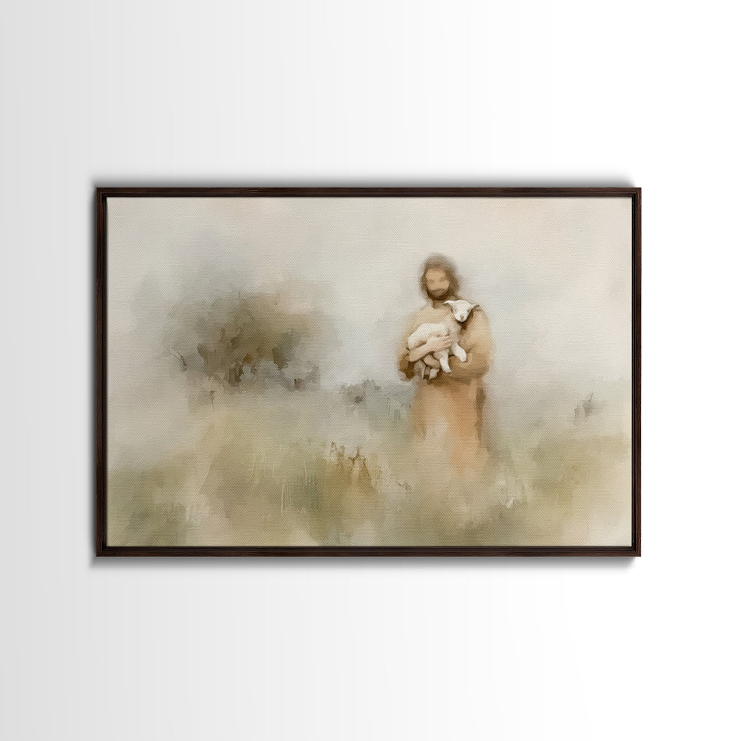 Soft Meadow Shepherd – Framed Canvas Print – Minimalist Christian Art – Christian Wall Art – Christian Art Canvas – Subtle Christian Painti