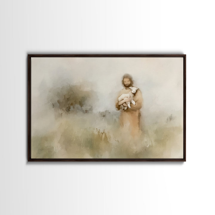 Soft Meadow Shepherd – Framed Canvas Print – Minimalist Christian Art – Christian Wall Art – Christian Art Canvas – Subtle Christian Painti