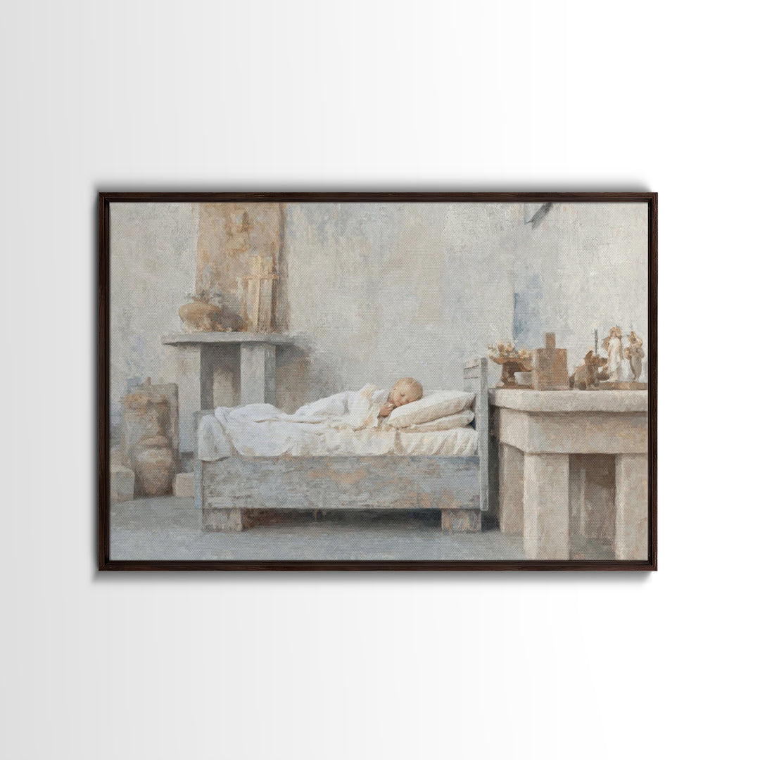 Silent Cradle Peace – Framed Canvas Print – Christian Art Painting – Christmas Art Work – Christian Wall Art – Jesus Art Print – Vintage Ch