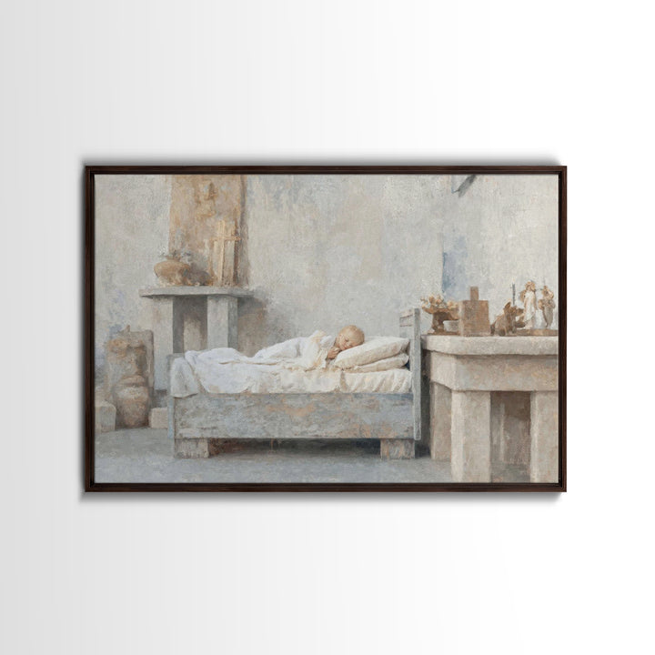 Silent Cradle Peace – Framed Canvas Print – Christian Art Painting – Christmas Art Work – Christian Wall Art – Jesus Art Print – Vintage Ch