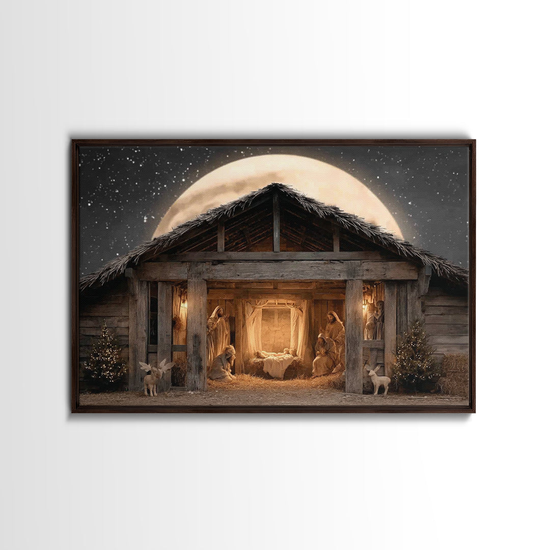 Moonlit Nativity, Framed Canvas Print, Christmas Art, Christian Wall Art, Christian Christmas Decor, Christian Art Canvas, Christmas Art Pr