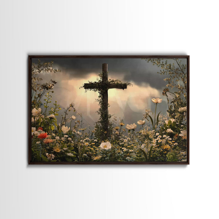 Cross Of Renewal – Framed Canvas Print – Christian Wall Art – Christian Art Canvas – Christian Paintings – Floral Christian Art – Christian