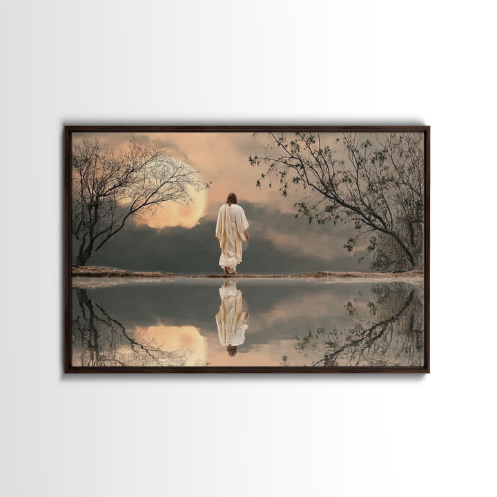 Moonlit Savior Walk, Framed Canvas Print, Christian Wall Art, Jesus Painting, Christian Art Print, Moody Christmas Art, Christian Decor