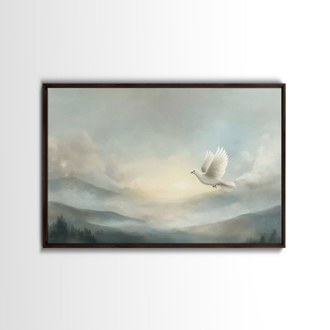 Heavenly Dove Light, Framed Canvas Print, Christian Wall Art, Christian Art Canvas, Christmas Art Prints, Christian Gift, Subtle Christian