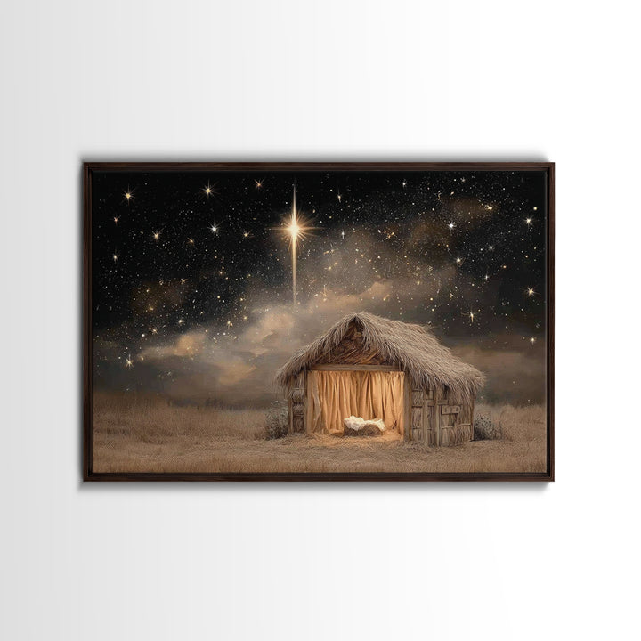 Mountain Chapel Night, Framed Canvas Print, Christian Art Canvas, Christian Wall Art, Christmas Art Framed, Modern Christian Art