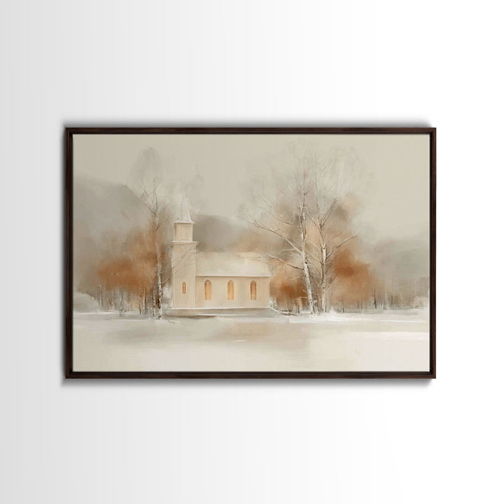 Winter Chapel Light, Framed Canvas Print, Christmas Art Prints, Christian Wall Art, Christian Christmas Decor, Modern Christmas Art, Framed
