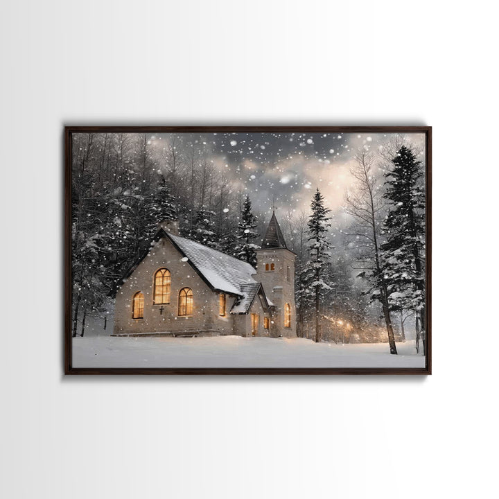 Frosted Sanctuary – Framed Canvas Print – Christian Wall Art – Christmas Canvas Wall Art – Christian Christmas Art – Moody Christmas Art –