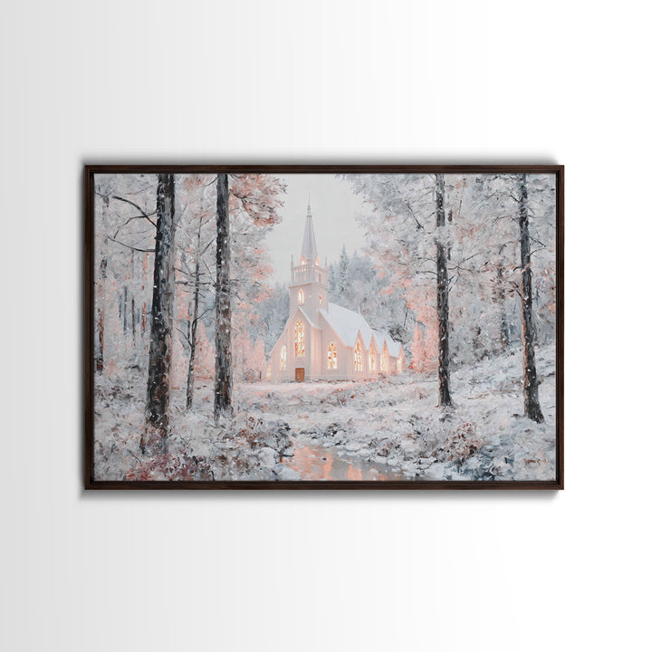 Winter Chapel Glow – Framed Canvas Print – Christian Wall Art – Christmas Art Prints – Christian Christmas Decor – Modern Christmas Art – C