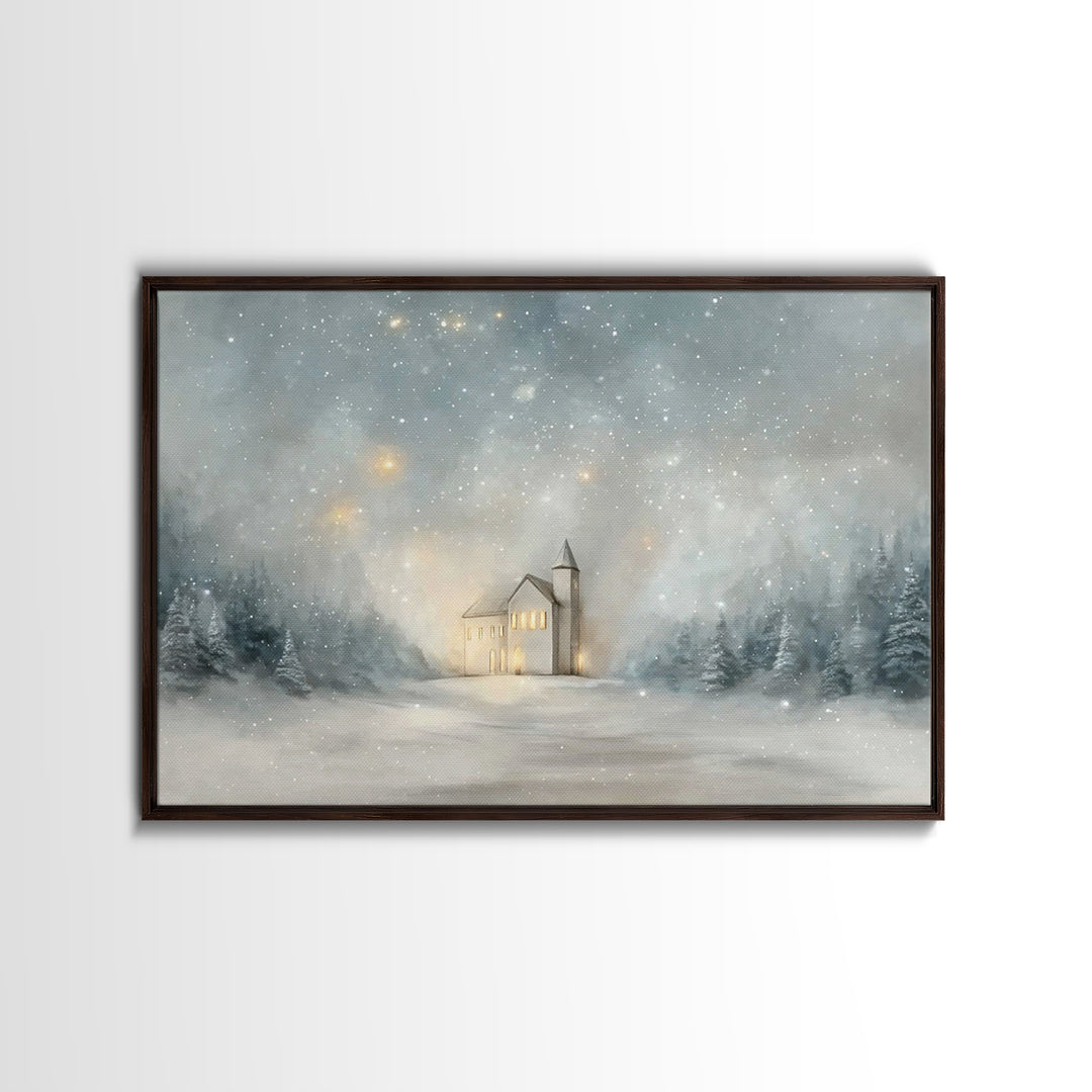 Starry Night Sanctuary, Framed Canvas Print, Christian Wall Art, Christmas Canvas Wall Art, Moody Christmas Art, Christian Christmas Decora