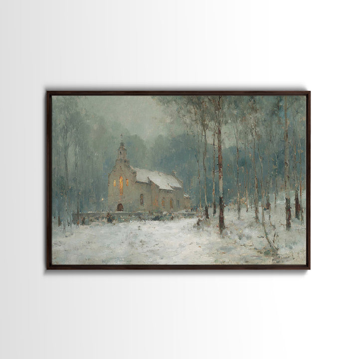 Frosted Church Peace – Framed Canvas Print – Christian Wall Art – Vintage Christian Art – Christmas Art Framed – Christian Christmas Art –