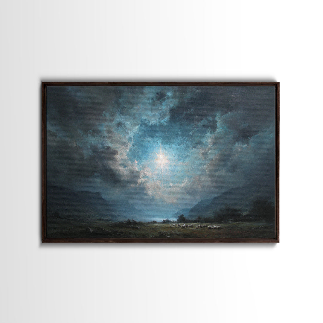 Heaven’s Valley Light | Framed Canvas Print | Christian Wall Art | Christian Art Canvas | Christmas Wall Art | Blue Christian Art | Christi