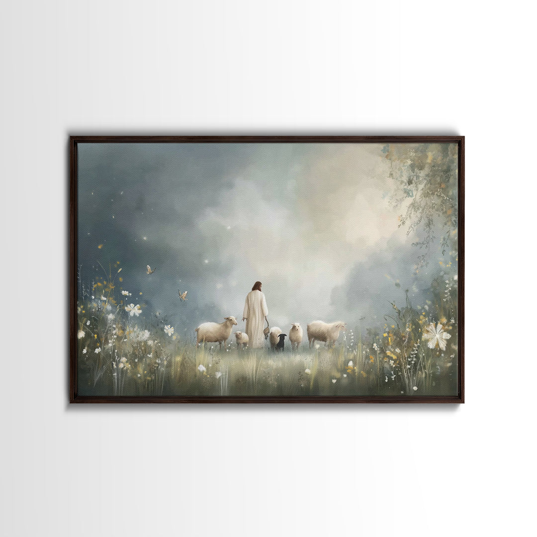 Garden Of The Shepherd, Framed Canvas Print, Christian Art Canvas, Jesus Painting, Christian Wall Art, Christian Art Prints, Christian Gift