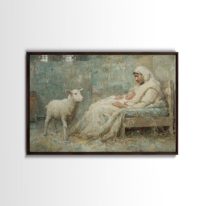 Nativity Stillness, Framed Canvas Print, Christian Wall Art, Christmas Canvas Wall Art, Jesus Painting, Moody Christmas Art, Christian Art