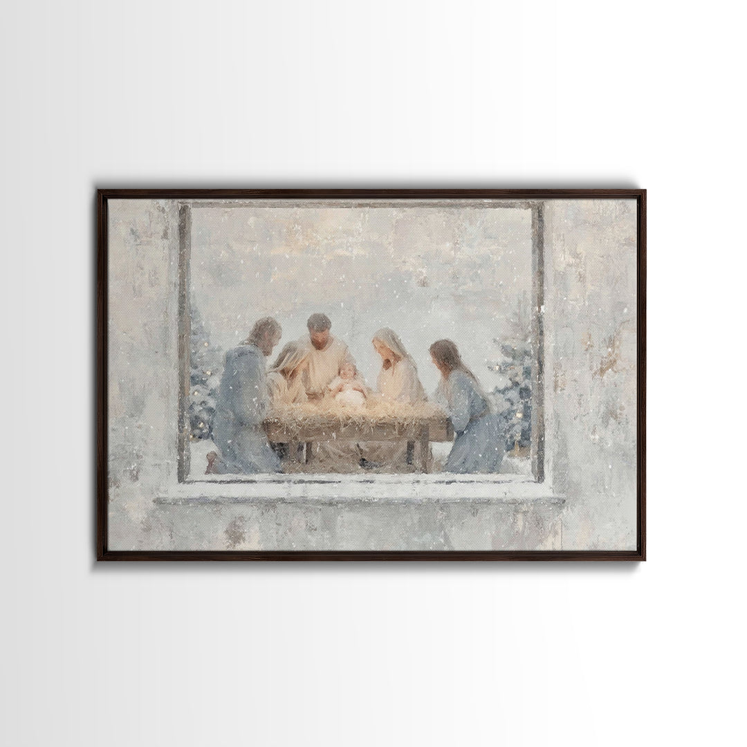 Holy Night Gathering Light – Framed Canvas Print – Christian Wall Art – Christian Art Canvas – Jesus Painting – Christian Christmas Art