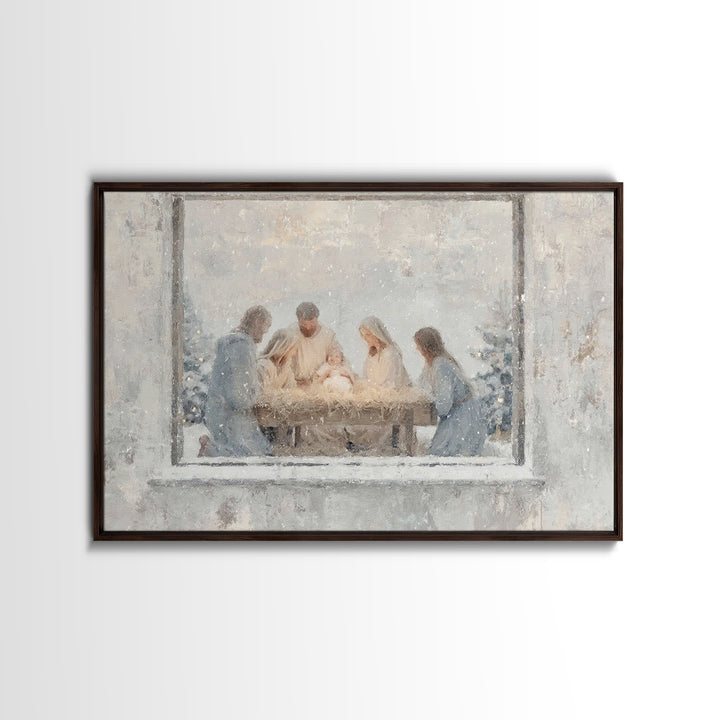 Holy Night Gathering Light – Framed Canvas Print – Christian Wall Art – Christian Art Canvas – Jesus Painting – Christian Christmas Art