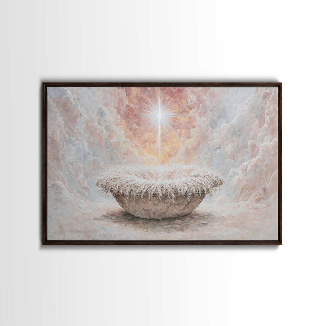 Heavenly Cradle Glow – Framed Canvas Print – Christian Art Canvas – Framed Christian Art – Christmas Wall Art – Vintage Christmas Art