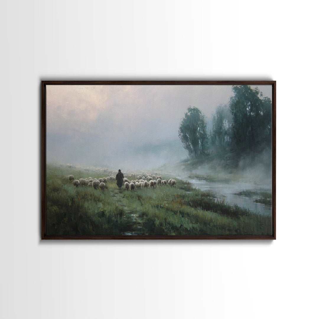 Misty River Flock | Framed Canvas Print | Christian Wall Art | Christian Painting | Christian Art Canvas | Subtle Christian Art | Christian
