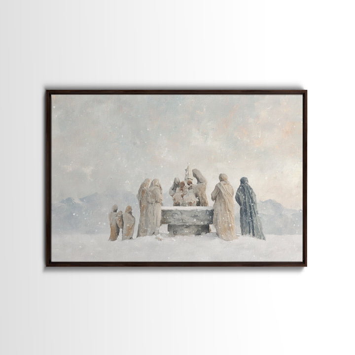 Snowfall Reverence – Framed Canvas Print – Christian Wall Art – Christian Art Canvas – Christmas Art – Jesus Christmas Art – Christian Gift