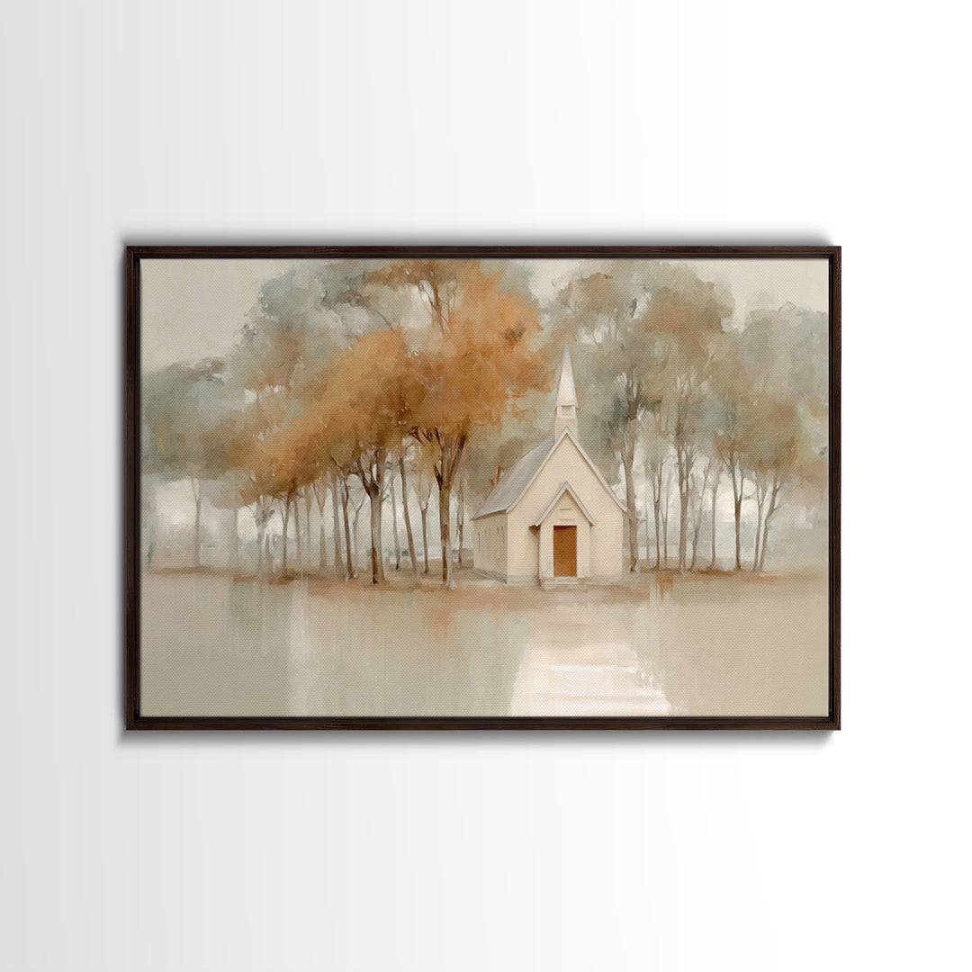 Evening Chapel Glow, Framed Canvas Print, Christian Wall Art, Christian Art Canvas, Moody Christmas Art, Christian Christmas Decor, Christi