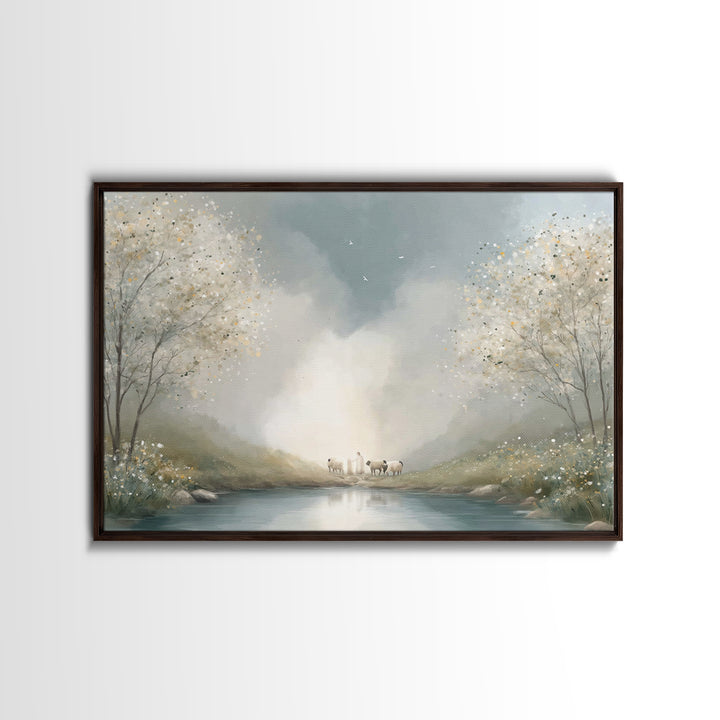 Riverside Dawn Peace – Framed Canvas Print – Christian Wall Art – Christian Art Canvas – Pastoral Scenery – Christian Art Prints – Christia