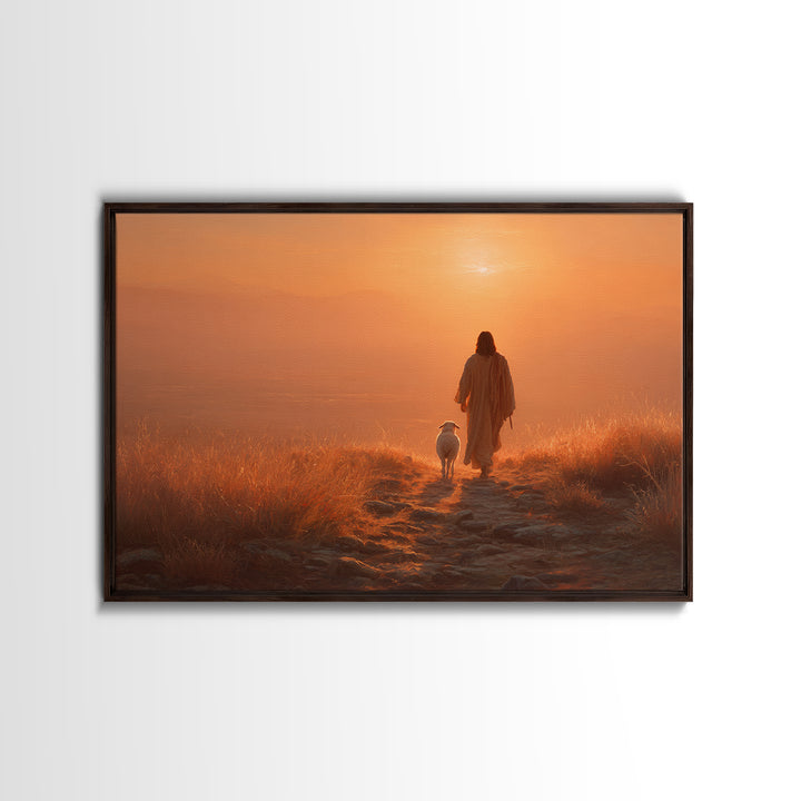 Sunset Shepherd Peace – Framed Canvas Print – Christian Wall Art – Christian Art Canvas – Pastoral Scenery – Christian Painting – Christian