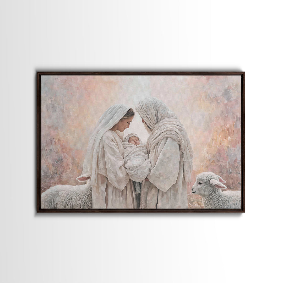 Wooden Nativity Glow, Framed Canvas Print, Christian Art Canvas, Christian Wall Art, Jesus Painting, Christian Christmas Art, Christmas Art