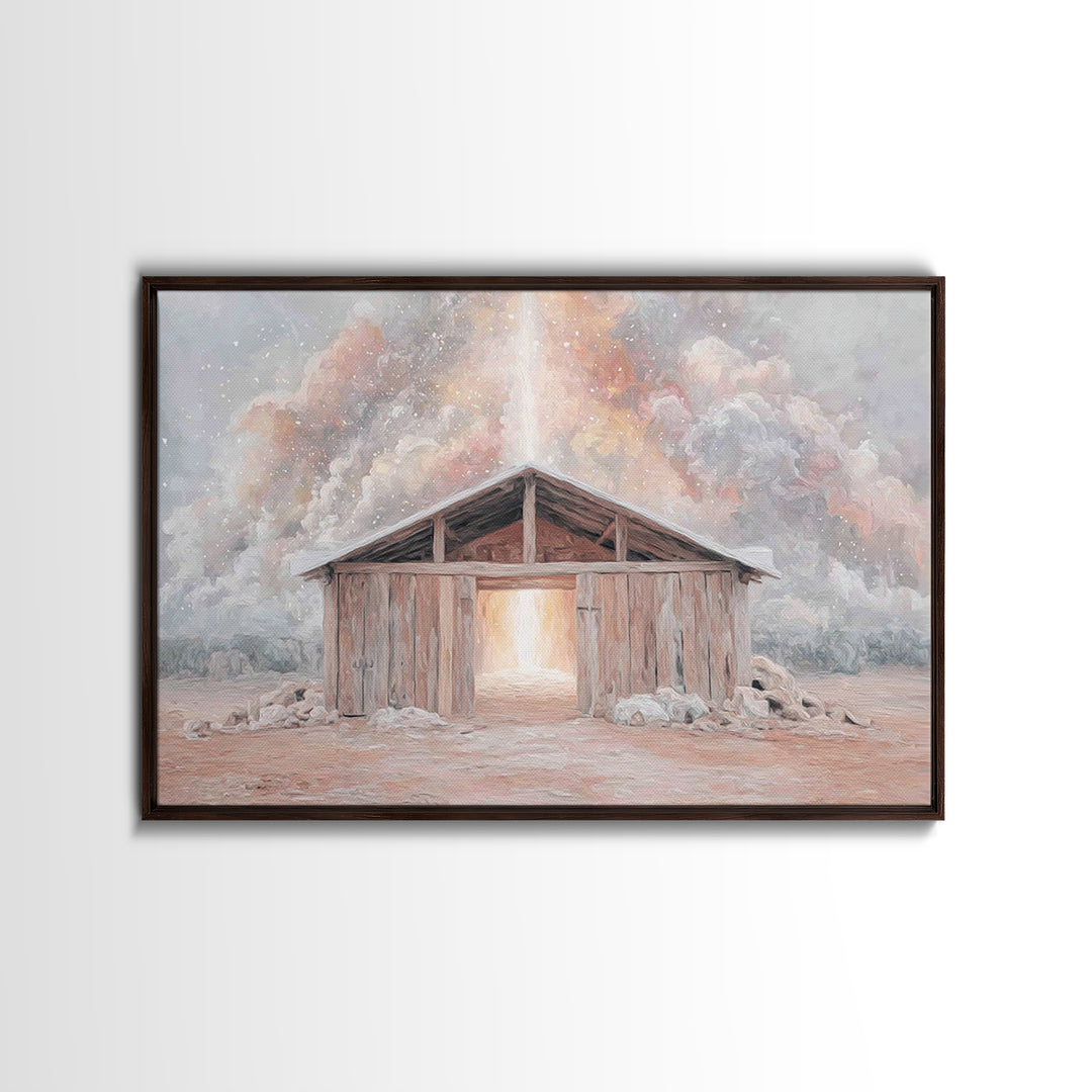 Heaven’s Stable Fire, Framed Canvas Print, Christian Art Canvas, Christian Wall Art, Christian Christmas Art, Christmas Art Prints, Jesus P