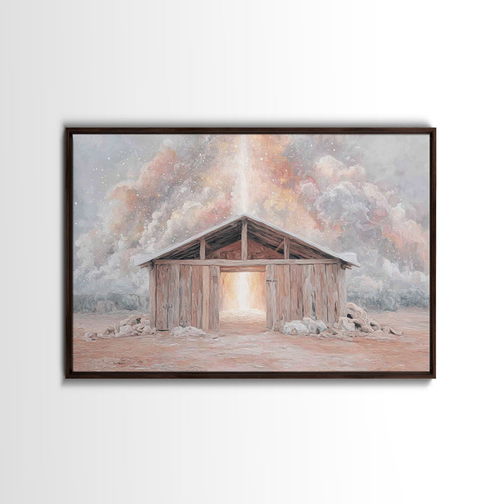 Heaven’s Stable Fire, Framed Canvas Print, Christian Art Canvas, Christian Wall Art, Christian Christmas Art, Christmas Art Prints, Jesus P