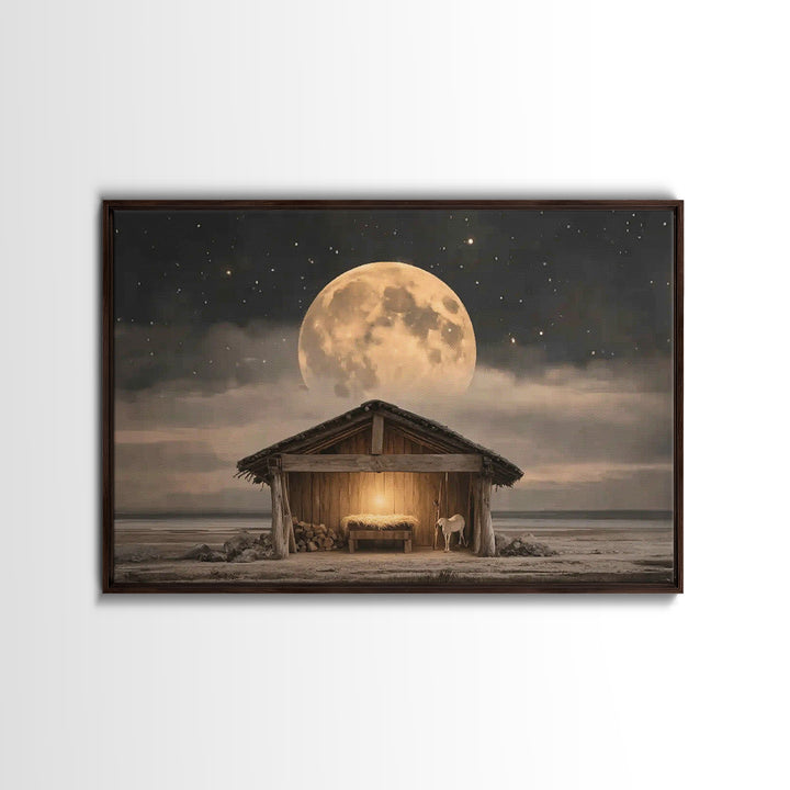 Starlit Holy Shelter, Framed Canvas Print, Christian Christmas Art, Jesus Painting, Christian Wall Art, Christmas Art Prints, Christian Art