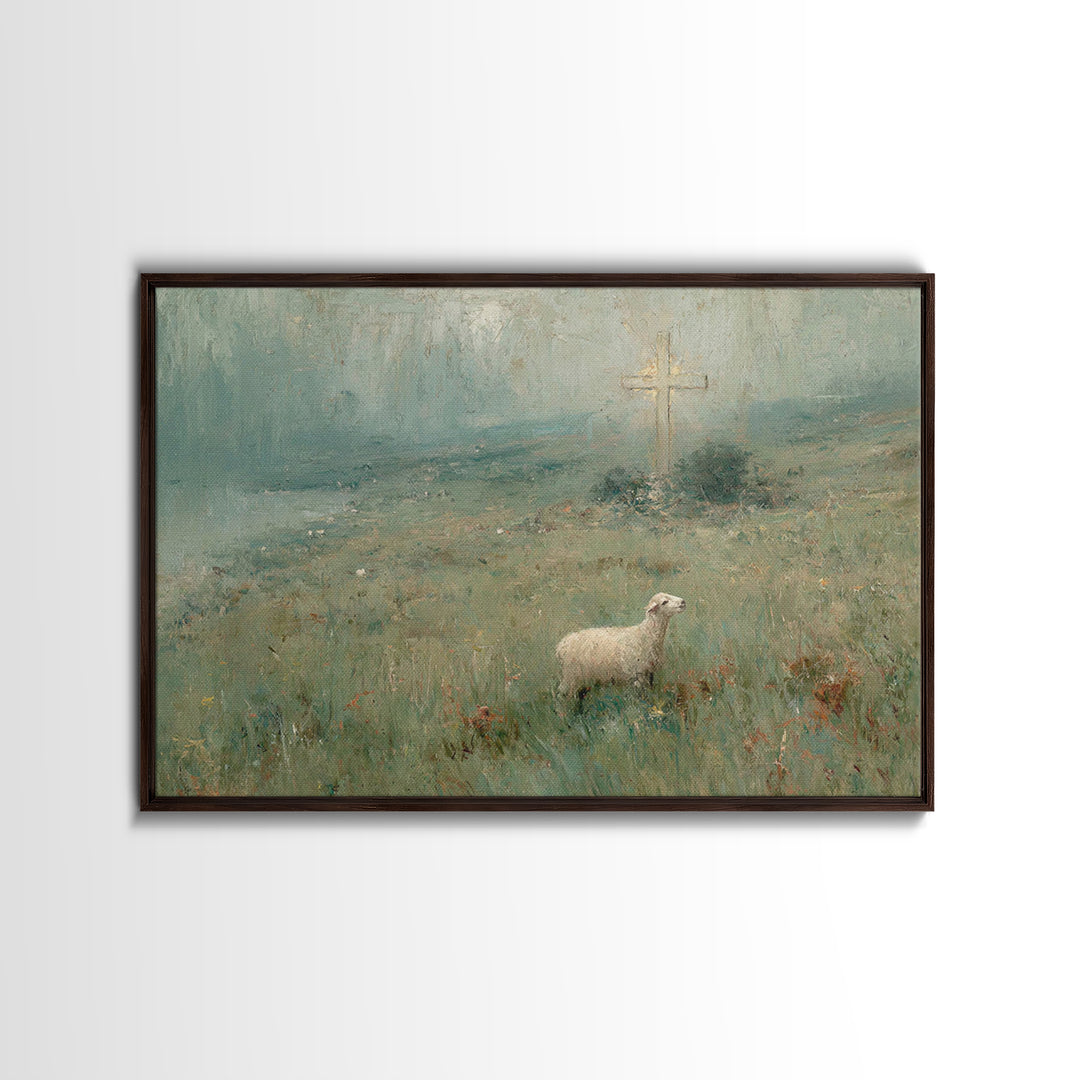 Hillside Lamb Hope – Framed Canvas Print – Christian Christmas Art – Christian Wall Art – Jesus Painting – Christian Art Canvas – Vintage C