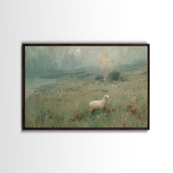 Hillside Lamb Hope – Framed Canvas Print – Christian Christmas Art – Christian Wall Art – Jesus Painting – Christian Art Canvas – Vintage C