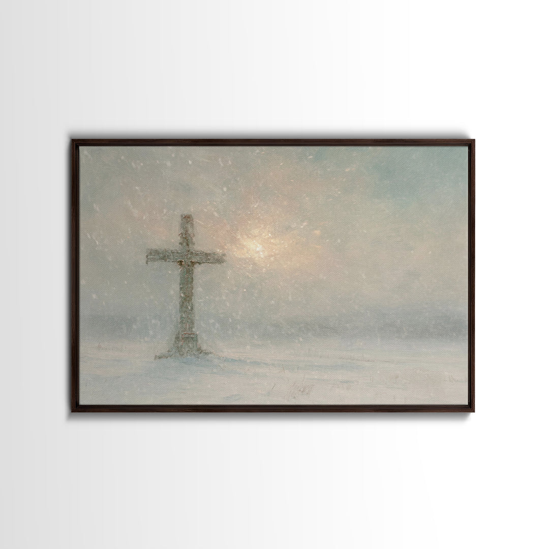 Silent Cross Snow – Framed Canvas Print – Christian Christmas Art – Christian Art Canvas – Christian Wall Art – Subtle Christian Art – Chri