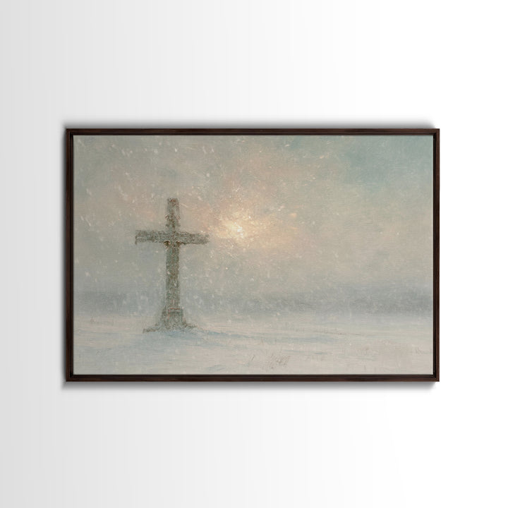 Silent Cross Snow – Framed Canvas Print – Christian Christmas Art – Christian Art Canvas – Christian Wall Art – Subtle Christian Art – Chri