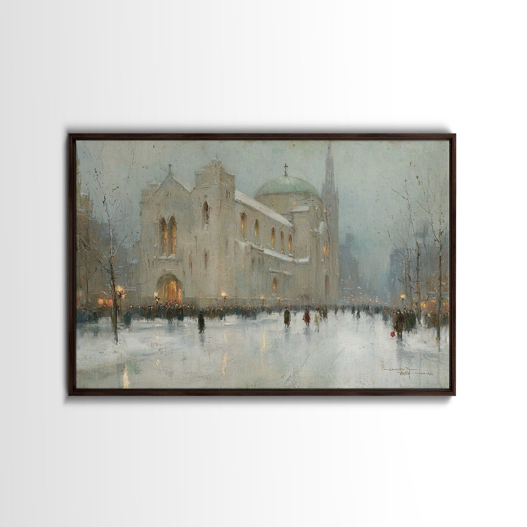 City Church Glow | Framed Canvas Print | Christmas Art Prints | Christian Christmas Art | Christian Art Canvas | Christmas Wall Art | Frame
