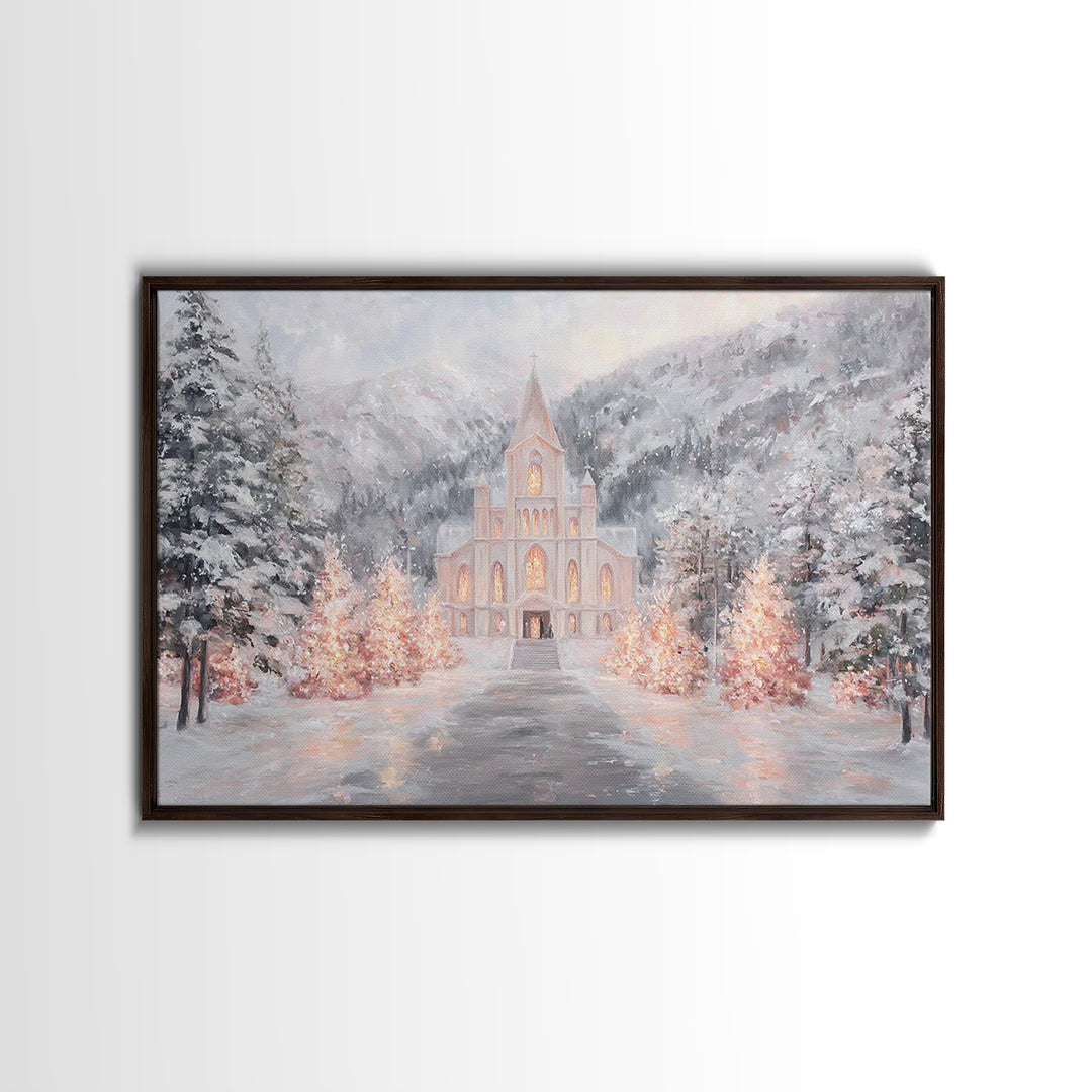 Mountain Chapel Light, Framed Canvas Print, Christmas Wall Art, Christian Art Canvas, Framed Christmas Art, Christian Christmas Art, Christ