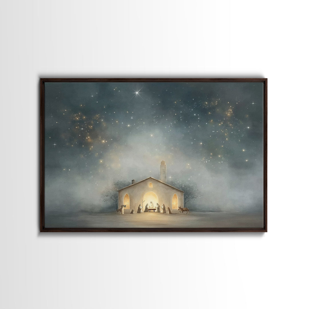 Nativity Under Heaven, Framed Canvas Print, Christian Wall Art, Christmas Art, Christian Art Canvas, Christian Christmas Art, Jesus Christm