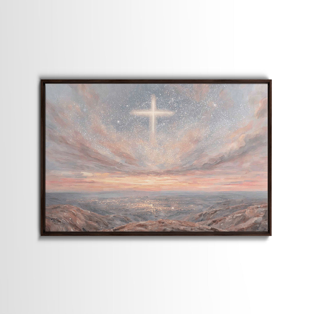 Heaven’s Cross Light – Framed Canvas Print – Christian Wall Art – Christian Art Canvas – Christmas Art – Christian Christmas Art – Subtle C