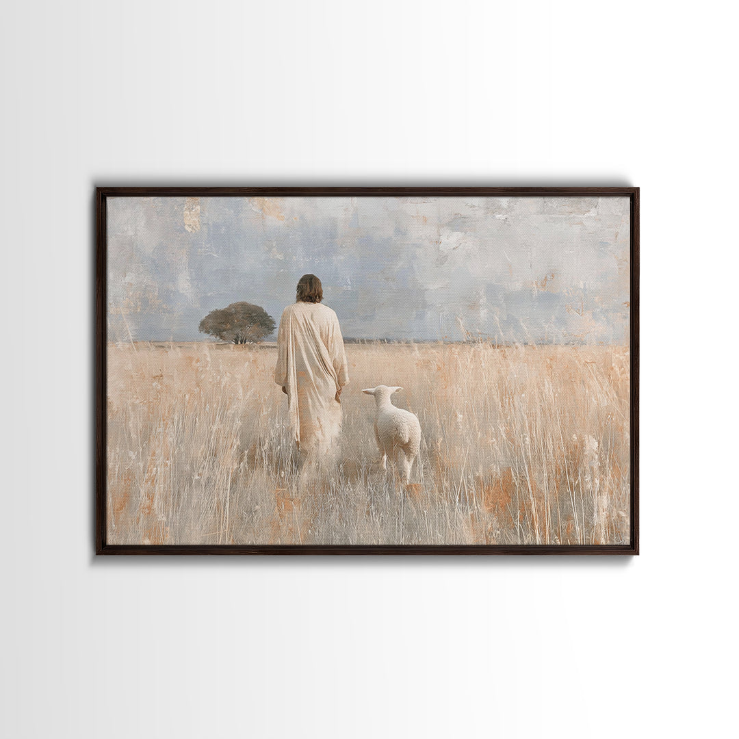 Gentle Shepherd Dawn - Framed Canvas Print - Christian Wall Art - Jesus Painting - Christian Art Canvas - Christian Decor - Pastoral Scener