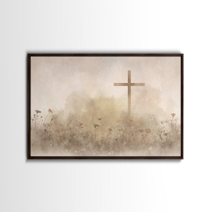 Desert Bloom Cross - Framed Canvas Print - Minimalist Christian Art - Christian Art Canvas - Christian Wall Art - Christian Painting