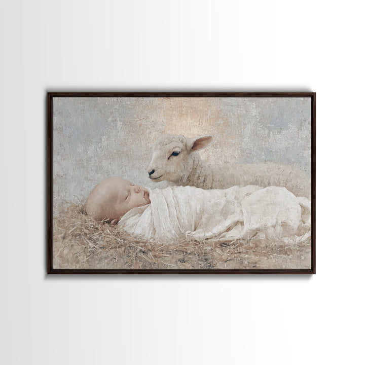 Little Lamb Grace, Framed Canvas Print, Christian Wall Art, Christian Art Canvas, Christmas Art, Christian Painting