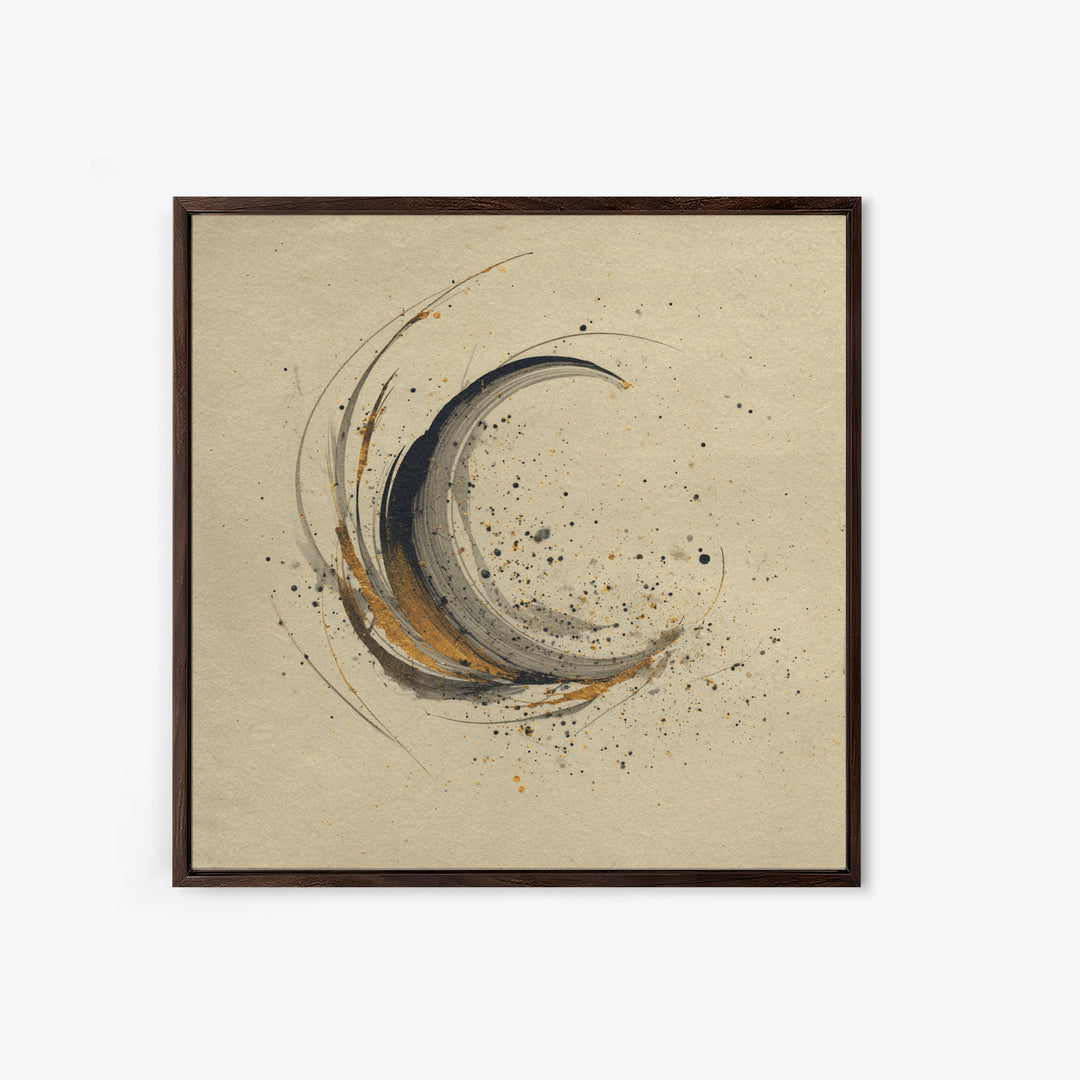 Crescent Moon Made from Elegant Ink Swashes Framed Canvas Print, Calligraphy Art, Japanese Decor, Living Room Decor, Script, CAL-1x1-21