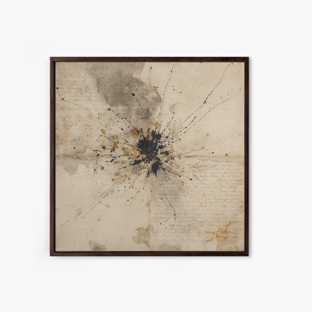 Ink Splatter and Long Brushstroke Composition Framed Canvas Print, Calligraphy Art, Art Print, Living Room Decor, Script, CAL-1x1-40